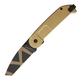 EXTREMA RATIO BF2 CT DESERT WARFARE pocket knife with a Desert Warfare laser engraved Bohler N690 stainless steel tanto blade and desert tan anodized aluminum handle