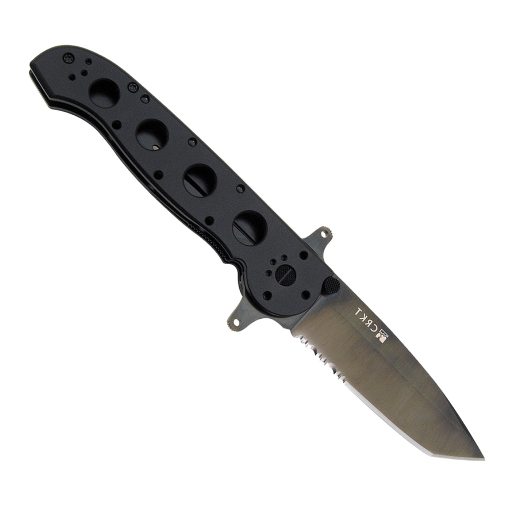CRKT M16 Special Forces Pocket Knife. Featuring a 4-inch black TiNi coated partially serrated blade and black aluminum handle. This pocket knife also includes a thumb stud, extended tang, pocket clip, and AutoLAWKS safety.