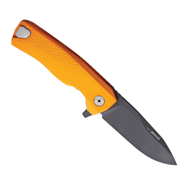 LionSTEEL ROK Framelock Orange Pocket Knife. This pocket knife features a 3.25-inch black finish Bohler M390 stainless steel drop point blade and an orange aluminum handle. It also includes a pocket clip and a removable flipper tab for customizable use.