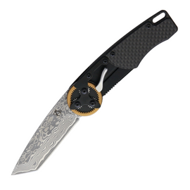 Mantis Gearhead Linerlock Dam CF Pocket Knife. Features a 3-inch Damascus steel tanto blade, lightweight carbon fiber handle, lanyard hole for secure carrying, and a pocket clip for convenient everyday carry.  This knife utilizes a unique gear mechanism for opening.