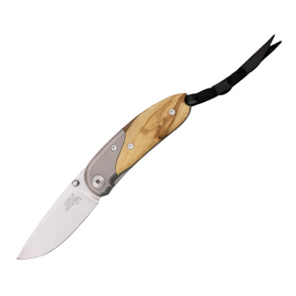 Lionsteel Mini, a Compact Pocket Knife with a 2 3/8 Inch D2 Tool Steel Blade and Olive Wood Handles.