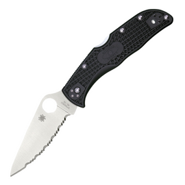 Spyderco Endela Lockback, a Pocket Knife with a 3.5 inch satin finish serrated VG-10 stainless steel blade and black bi-directional textured FRN handle.