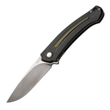 Black anodized aluminum handle with green aluminum inlay MKM-Maniago Knife Makers Arvenis Framelock Fox pocket knife.  This Italian-made knife features a 3.5-inch stonewashed Bohler M390 stainless steel drop point blade and a secure frame lock mechanism.