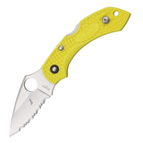 Yellow Spyderco Dragonfly 2 lightweight pocket knife with a serrated blade and wire clip