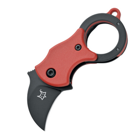FOX Mini-Ka Linerlock Red Pocket Knife. 1-inch Black Cerakote Finish 420 Stainless Steel Hawkbill Blade. Red FRN Handle.