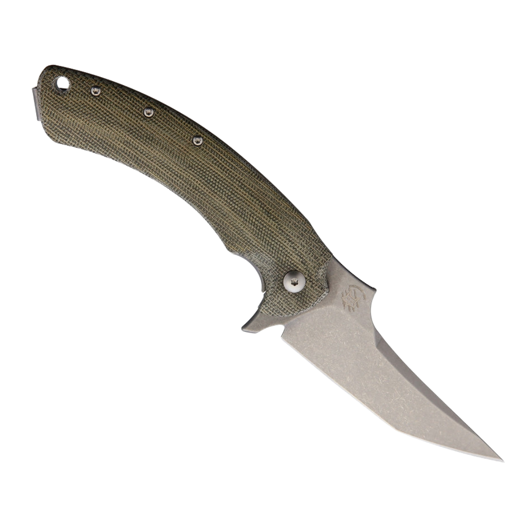 Large Folding Knife FOX GECO Framelock. Features a 3.25-inch stonewash finish Bohler N690 stainless steel blade and green canvas micarta handle with stonewash titanium back handle.