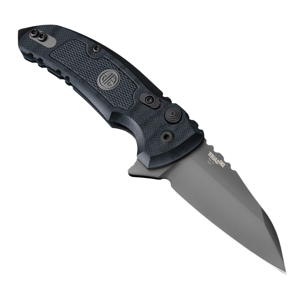 SIG X-1 MICROFLIP Button Lock Pocket Knife with a 2.75-inch gray Cerakote finish CPM-154 stainless steel Wharncliffe blade and black textured G10 handle.
