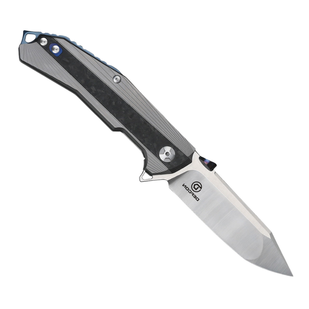 DEFCON ATLAS Framelock Pocket Knife with 3.75-Inch Satin Finish CPM S35VN Stainless Steel Modified Tanto Blade, Gray Titanium Handle with Carbon Fiber Inlay, and Glass Breaker.