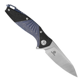 DEFCON JK MAKO Framelock Pocket Knife with 3.5 Inch Stonewash and Satin Finish CPM S35VN Stainless Steel Blade and Blue Stonewash Titanium Handle with Carbon Fiber Inlay