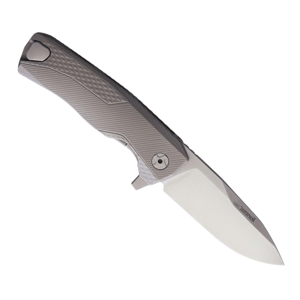 Gray titanium handle LIONSTEEL ROK Framelock pocket knife with M390 stainless steel blade and removable flipper tab