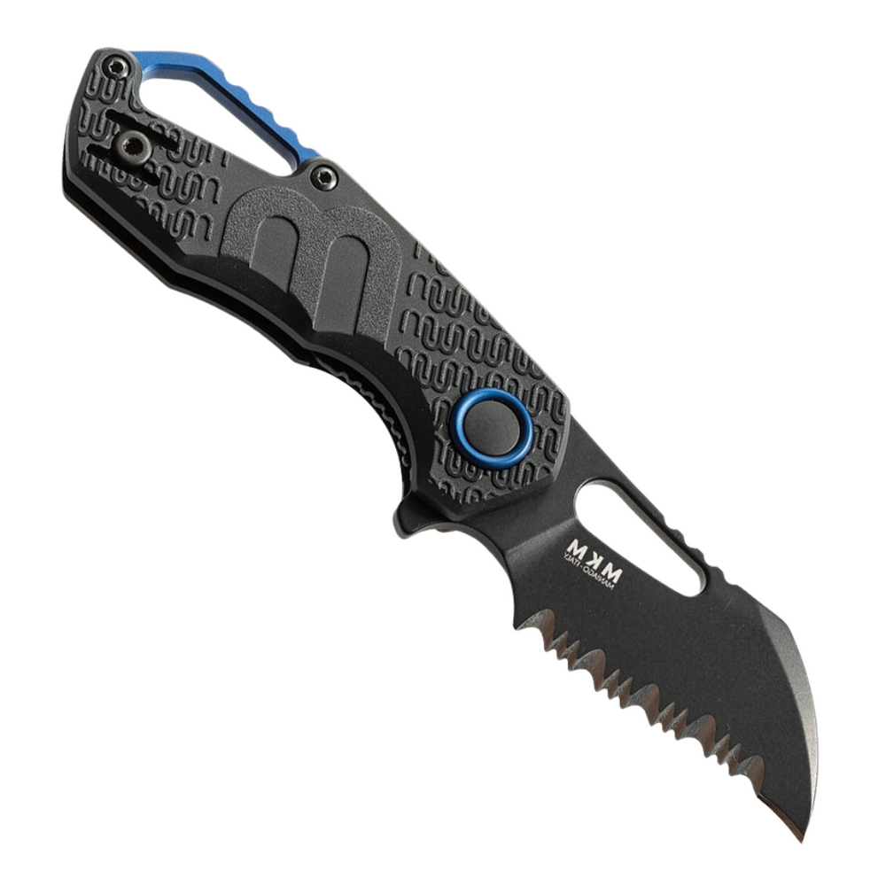 Black FRN handle MKM Isonzo Linerlock pocket knife with partially serrated hawkbill blade