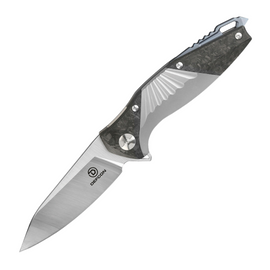 DEFCON JK MAKO FRAMELOCK Pocket Knife. 3.5-inch Stonewash and Satin Finish CPM-S35VN Stainless Steel Blade. Gray Titanium Handle with Carbon Fiber Inlay. Glass Breaker. Pocket Clip.