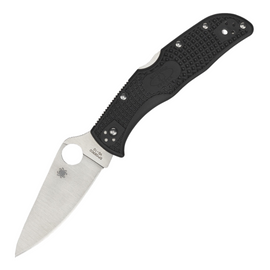 Spyderco Endela Lightweight Pocket Knife featuring a 3.5-inch satin finish VG-10 stainless steel blade and a black bi-directional textured FRN handle for secure grip.  This pocket-friendly design includes a thumb opener and a clip for comfortable carry.
