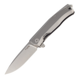 LionSteel Myto Framelock titanium pocket knife with a 3.25 inch satin finish Bohler M390 stainless steel blade and gray titanium handle