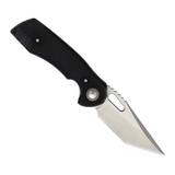Black textured G10 handle pocket knife with a stainless tanto blade in satin and stonewash finish.  Includes a pocket clip and black synthetic zippered storage case.