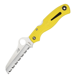 Yellow Spyderco Atlantic Salt Lockback pocket knife with a 3.5-inch serrated blade in H1 steel. This corrosion-resistant knife is ideal for marine environments.