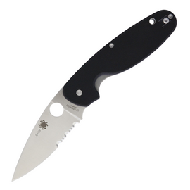 Spyderco Emphasis Linerlock pocket knife with a 3.63 inch satin finish, partially serrated 8Cr13MoV stainless steel blade and black G10 handle