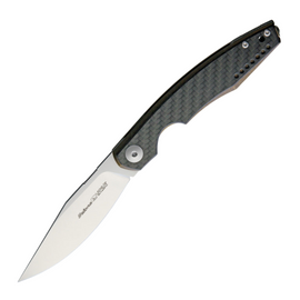 Viper Belone Linerlock CF Bronze, a Pocket Knife with a 3.25 inch satin finish Bohler M390 stainless steel blade and a bronze anodized titanium handle with carbon fiber inlay. Features an extended tang for improved grip, lanyard hole, and pocket clip for convenient carry.