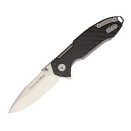 Viper Storm Linerlock Carbon Fiber, a Designer Pocket Knife by Rick Hinderer. Features a 3-inch Satin Finish Bohler M390 Stainless Steel Drop Point Blade and G10 Handle with Carbon Fiber Accents.