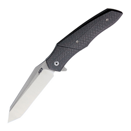 Patriot Bladewerx Ambassador Linerlock Pocket Knife. Features a 4-inch S35VN stainless steel tanto blade with a satin and stonewash finish for a distinctive look. Checkered carbon fiber handle offers a secure grip. Includes a pocket clip for convenient carry. Boxed.