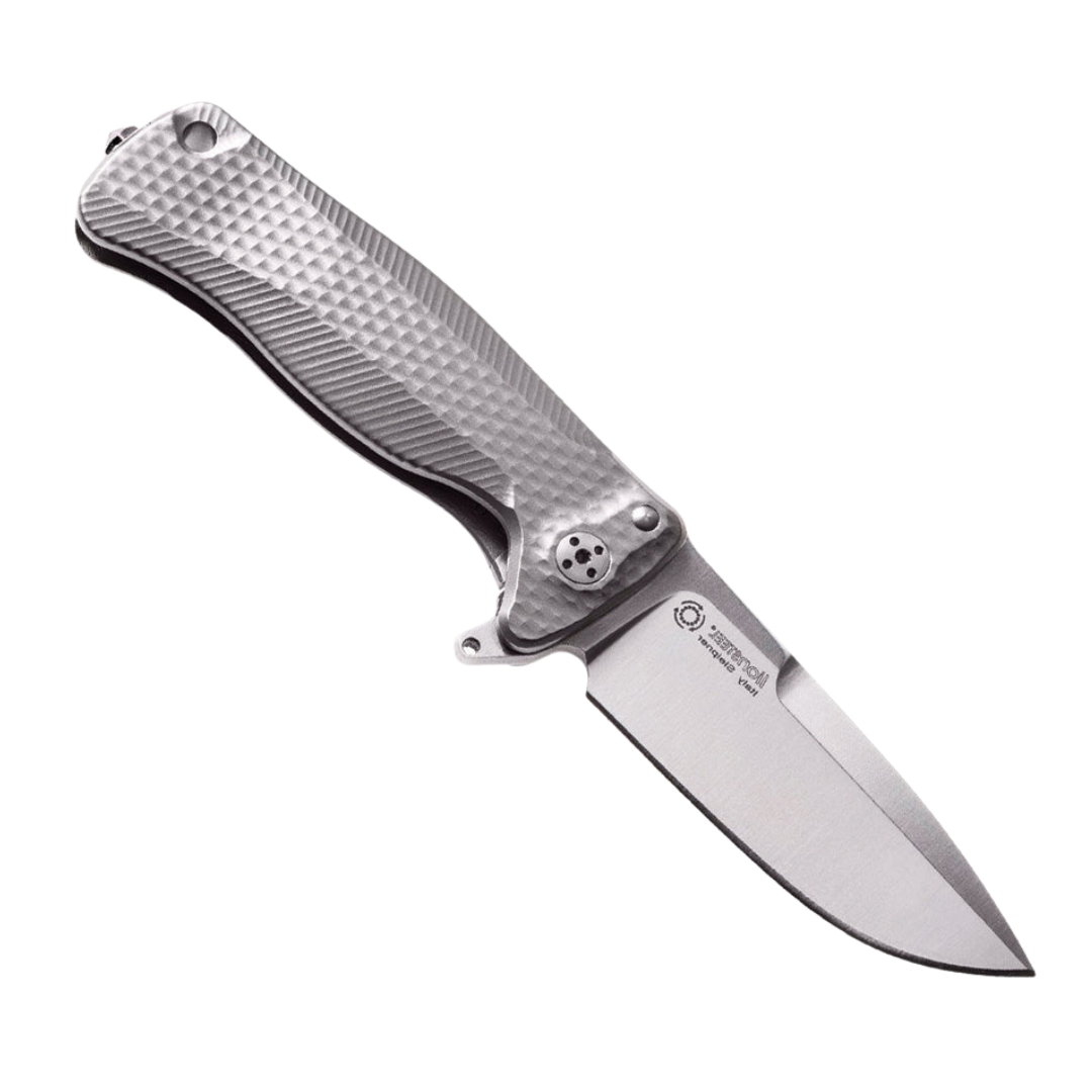 LIONSTEEL SR22 Framelock Pocket Knife with 3-Inch Satin Finish Sleipner Tool Steel Drop Point Blade, Gray Textured Titanium Handle, Glass Breaker, and Leather Belt Sheath.
