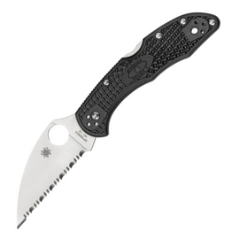Serrated SPYDERCO DELICA WHARNCLIFFE pocket knife with a 3 inch VG-10 stainless steel Wharncliffe blade and black textured FRN handle