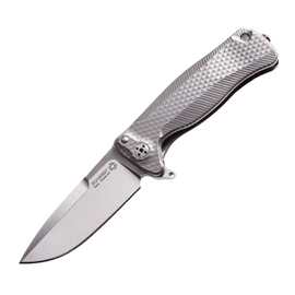 LIONSTEEL SR22 Framelock Pocket Knife with 3-Inch Satin Finish Sleipner Tool Steel Drop Point Blade, Gray Textured Titanium Handle, Glass Breaker, and Leather Belt Sheath.