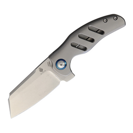 Kizer Cutlery C01C Mini Framelock Pocket Knife. Compact for everyday carry. Features a 2.5-inch stonewash finish CPM-S35VN stainless steel blade and a gray titanium handle. Includes a pocket clip and black nylon pouch.