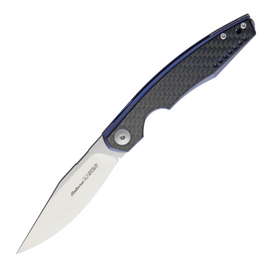 Viper Belone Linerlock CF Blue, a Pocket Knife with a 3.25 inch satin finish Bohler M390 stainless steel blade and a blue anodized titanium handle with carbon fiber onlay. Features an extended tang for improved grip, lanyard hole, and pocket clip for convenient carry.