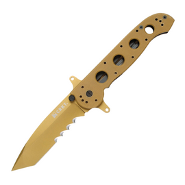 CRKT M16 Big Dog Pocket Knife. Features a 4-inch desert tan serrated tanto blade for tough cuts, tan G10 handle for secure grip, and a pocket clip for easy everyday carry. Includes a lanyard hole and AutoLAWKS safety for secure use.