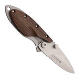 create an image alt text for this following product. Make sure to focus on the focus keyword.   Focus Keyword: Pocket Knife Product Name: MASERIN ONEFOLD FRAMELOCK Product Description:3 inch closed. 1 3/4 inch matte finish 440 stainless blade with dual thumb studs. Brown wood front handle. Matte finish stainless back handle. Lanyard hole. Stainless pocket clip.This item requires approximately a 10 working day delivery time