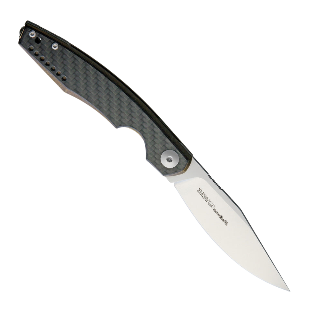 Viper Belone Linerlock CF Bronze, a Pocket Knife with a 3.25 inch satin finish Bohler M390 stainless steel blade and a bronze anodized titanium handle with carbon fiber inlay. Features an extended tang for improved grip, lanyard hole, and pocket clip for convenient carry.