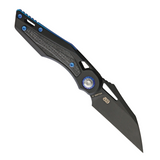 EOS URCHIN Friction Folder Pocket Knife. Features a 3-inch black DLC coated Nitro V steel blade, black anodized titanium handle with carbon fiber inlay, and blue anodized hardware.