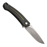 Black anodized aluminum handle with green aluminum inlay MKM-Maniago Knife Makers Arvenis Framelock Fox pocket knife.  This Italian-made knife features a 3.5-inch stonewashed Bohler M390 stainless steel drop point blade and a secure frame lock mechanism.