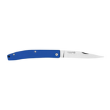 Maserin E.D.C pocket knife with a  85mm D2 steel blade in satin finish and blue micarta handle. This slip joint knife features a long clip profile blade and a hole at the end of the handle for attaching a lanyard or keychain.