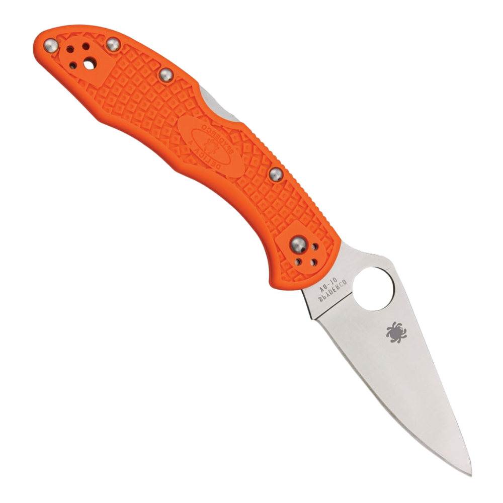Orange Spyderco Delica 4 Lightweight Pocket Knife with a 3-inch VG-10 stainless steel blade, a textured FRN handle, and a thumb hole opener. This Spyderco knife also features a reversible pocket clip and lanyard hole.