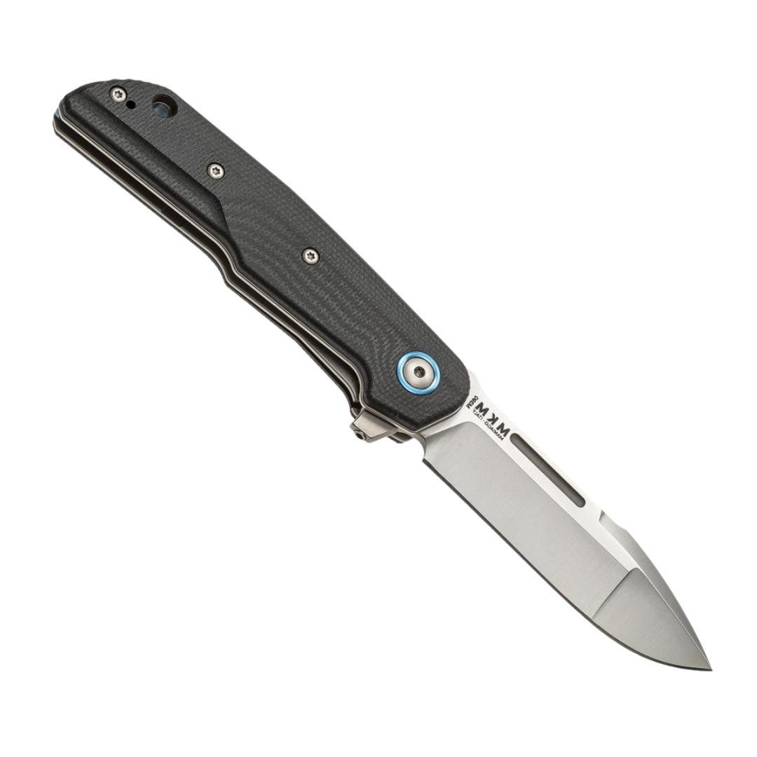 MKM-Maniago Knife Makers Clap Linerlock pocket knife, designed by Bob Terzuola. Features a 3-inch satin finish Bohler M390 stainless steel drop point blade and black G10 handle. Made in Italy by LionSteel.