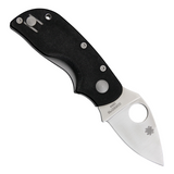 Black G10 handle Spyderco Chicago Linerlock pocket knife with a 2-inch CTS-BD1 stainless steel blade. This convenient pocket knife also features a thumb pull for easy opening, a pocket clip for secure carrying, and a lanyard hole for added versatility.