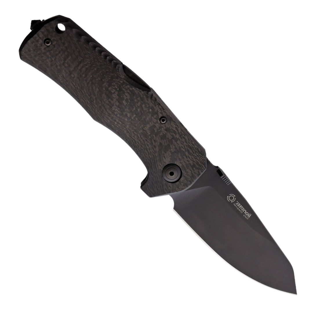 LionSTEEL TM1 Lockback CF, a Heavy-Duty Pocket Knife with a 3.5-inch black Mil-Spec coated Sleipner tool steel blade and carbon fiber handle.