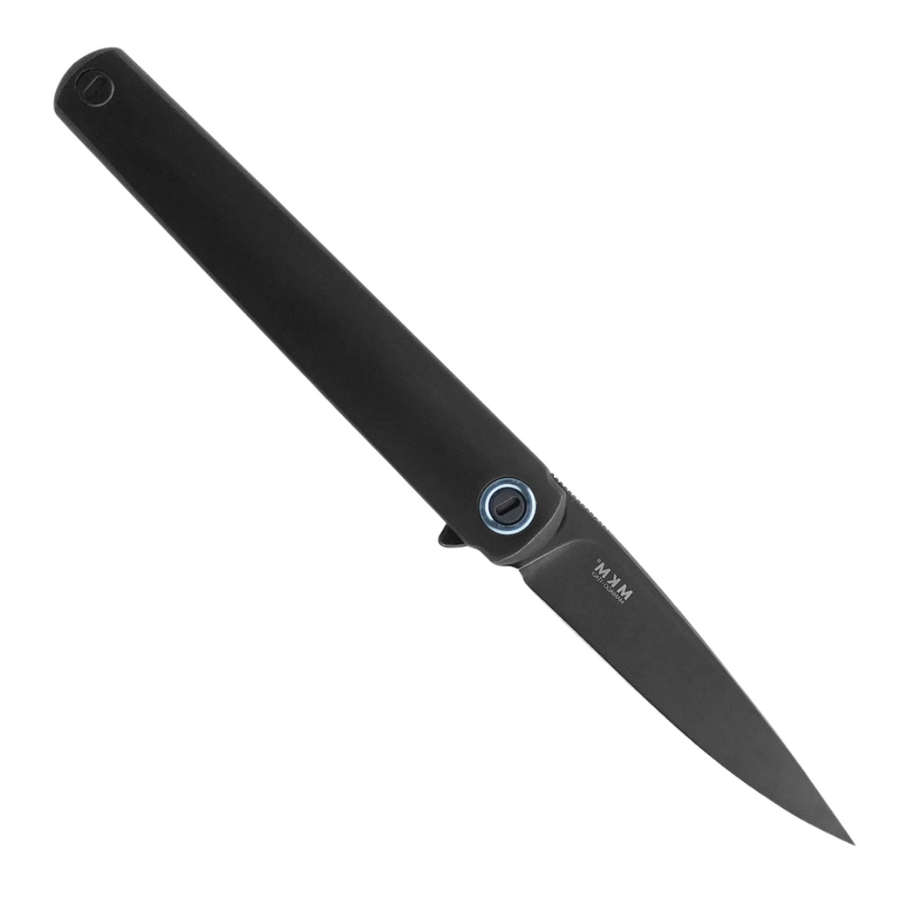 Black stonewash finish MKM-MANIAGO FLAME Framelock pocket knife with a Bohler M390 stainless steel drop point blade