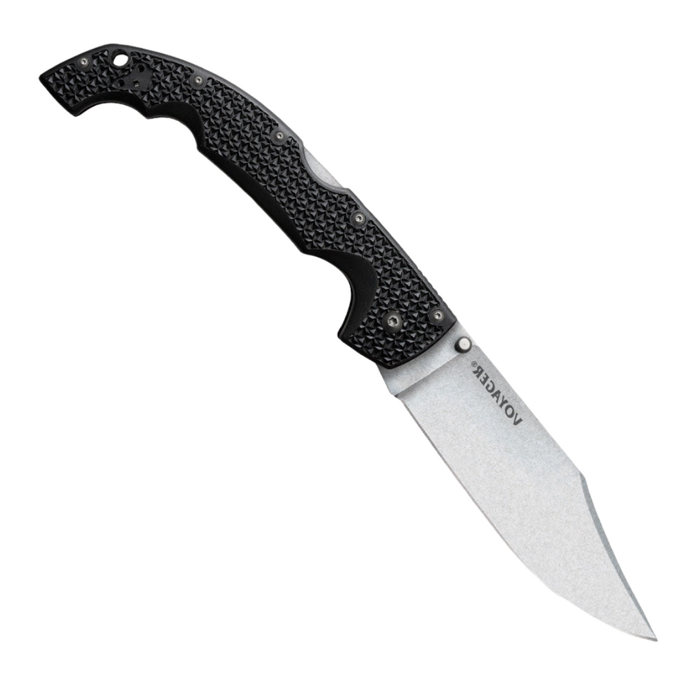 Large Cold Steel Voyager XL Lockback Pocket Knife. 5.5-inch Stonewashed AUS-10A Stainless Steel Clip Point Blade. Black Griv-Ex Handle.