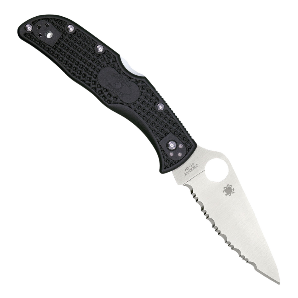 Spyderco Endela Lockback, a Pocket Knife with a 3.5 inch satin finish serrated VG-10 stainless steel blade and black bi-directional textured FRN handle.