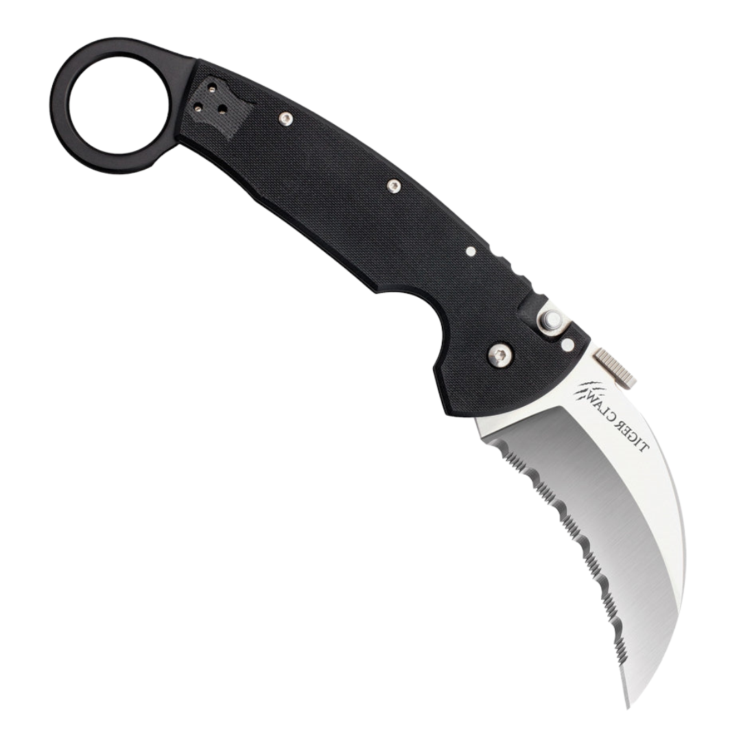Cold Steel Tiger Claw. Features a 3.375-inch serrated Carpenter CTS-XHP stainless steel blade with a satin finish and black G10 handle.
