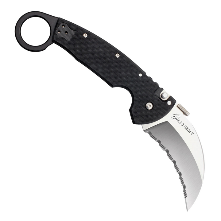 Cold Steel Tiger Claw. Features a 3.375-inch serrated Carpenter CTS-XHP stainless steel blade with a satin finish and black G10 handle.