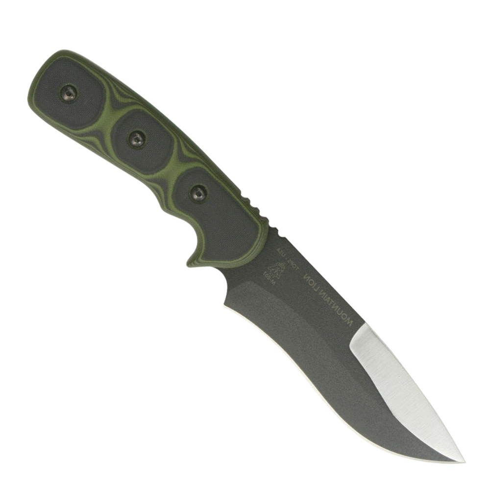 TOPS MOUNTAIN LION black coated blade pocket knife with green and black G-10 handles