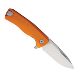 LionSTEEL ROK Framelock Pocket Knife with a 3.25 inch satin finish Bohler M390 stainless steel drop point blade and orange aluminum handle. This knife features the H.WAYL system, a LionSTEEL patent that creates a spring loaded retractable pocket clip, and a removable flipper tab for customizable use