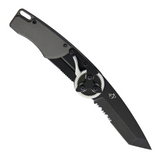 Gray aluminum handle Mantis Gearhead Linerlock pocket knife with a partially serrated tanto blade. Gear mechanism opens the knife with a push of the thumb stud. 