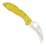 Spyderco Tasman Salt 2 Lockback pocket knife with a yellow textured FRN handle, 2.75-inch satin finish H1 steel hawkbill blade, thumb pull, pocket clip, and lanyard hole.