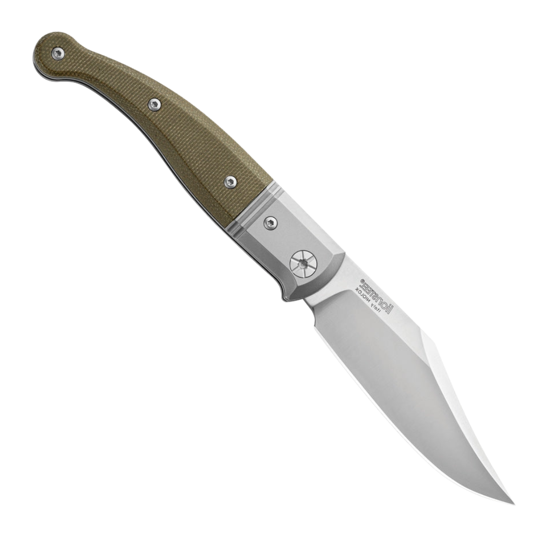 LIONSTEEL GITANO SLIP JOINT GREEN, a Traditional Pocket Knife with a 3.25-inch satin finish Niolox tool steel clip point blade and green canvas micarta handle.