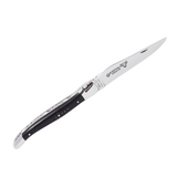 Laguiole En Aubrac Folding Pocket Knife (12cm) with Ebony Wood Handle. This traditional French pocket knife features a stainless steel blade and a shepherd's cross emblem on the handle.